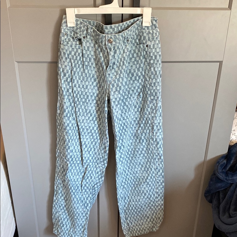 Women's Blue Checkered Straight Leg Jeans